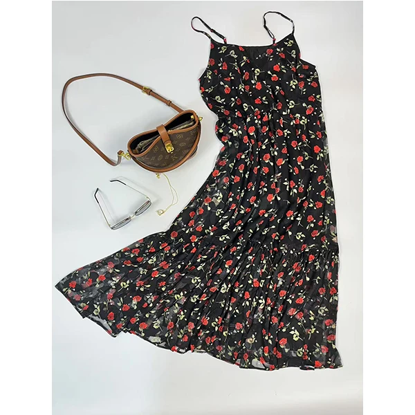 玫瑰馥郁夏季碎花吊带A字裙中长裙连衣裙重工贴布绣透气气质遮肉