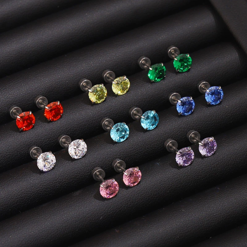 钛钢合成锆石耳饰 钛钢6mm爆闪耳钉女不掉色不易过敏耳蜗耳骨耳环