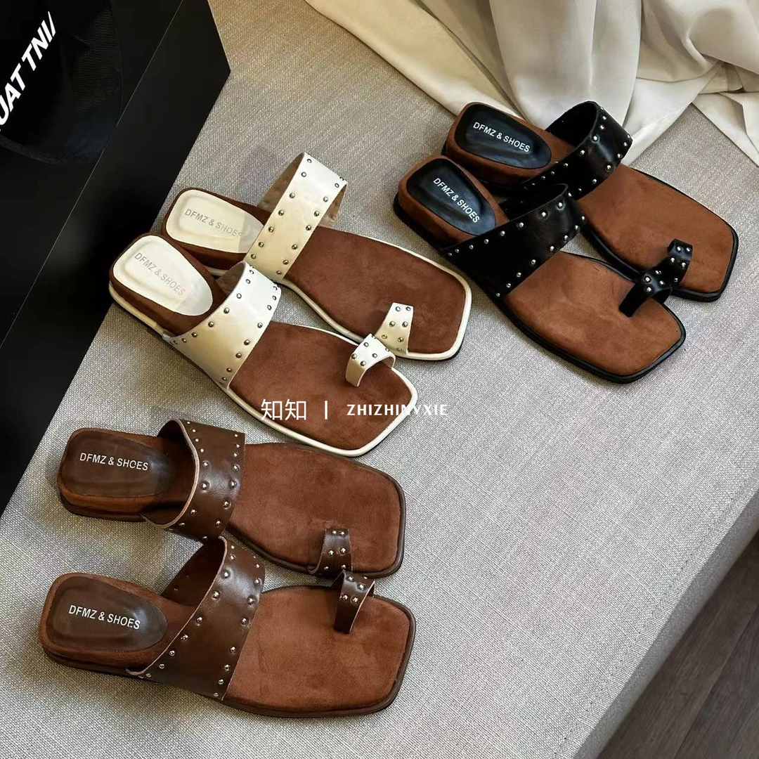 铆钉平跟套趾坡跟法式方头一字拖夏季平底舒适凉拖鞋凉鞋
