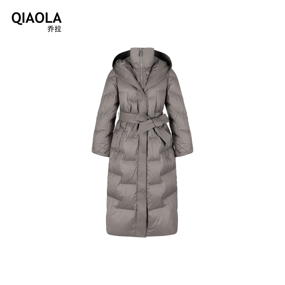 QIAOLA/乔拉【北风礼赞】连帽绑带收腰保暖修身过膝鹅羽绒外套服