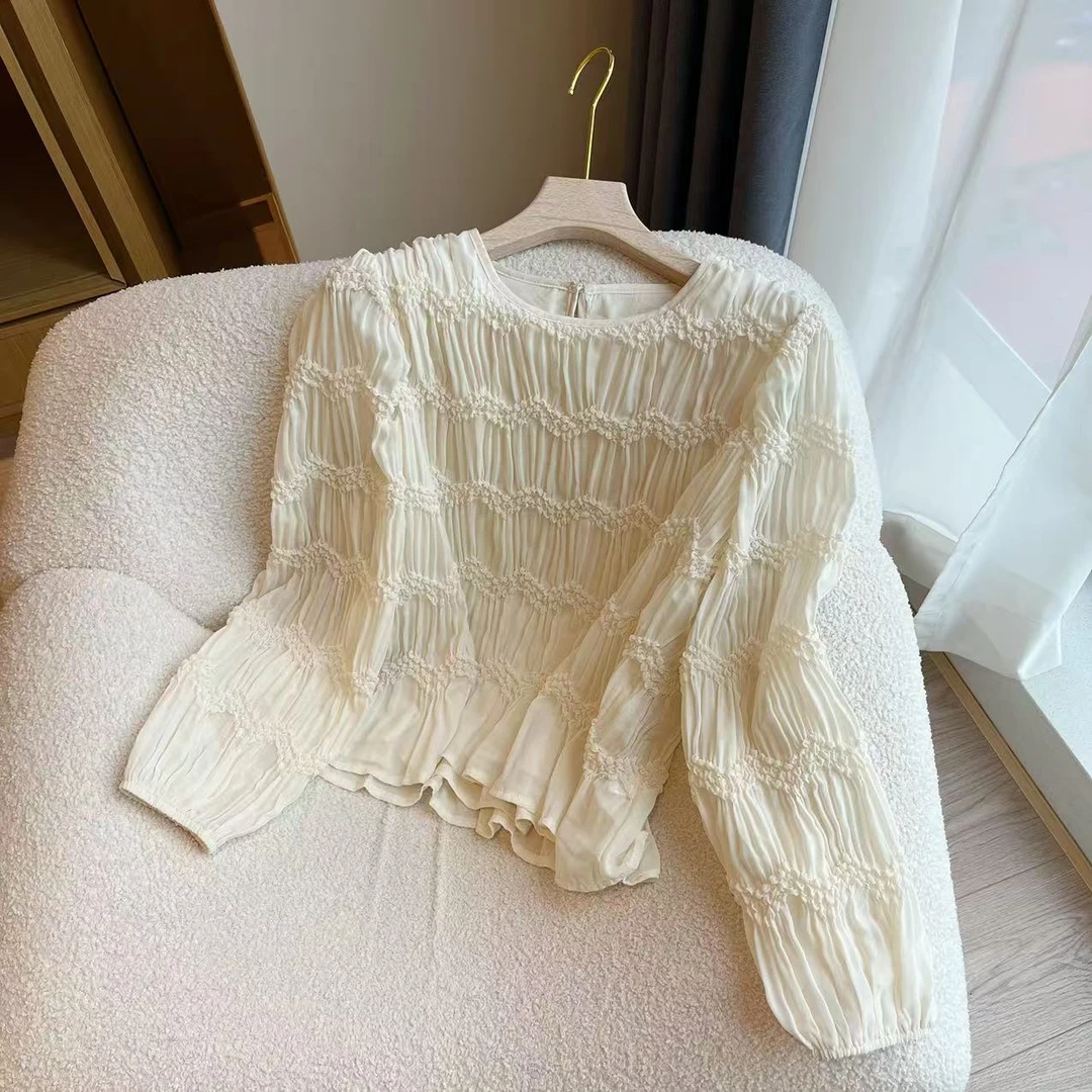 【京妮儿推荐】春季韩版褶皱纹理长袖小衫气质显瘦时尚9256