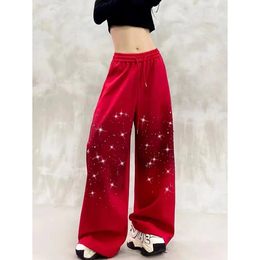 秋冬新款烫钻设计大码高腰宽松显瘦阔腿休闲女裤百搭