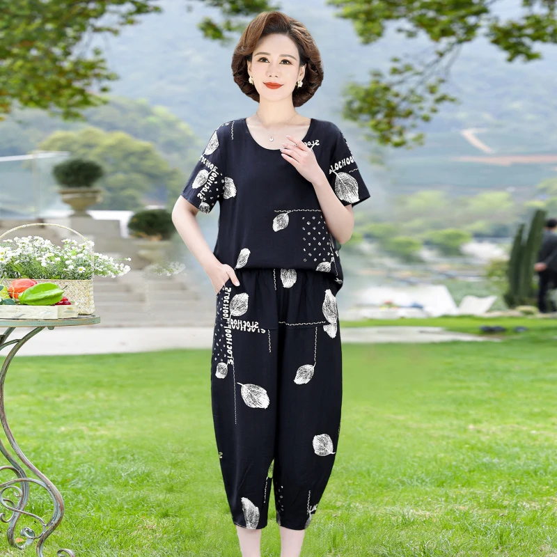 棉麻套装女中年妈妈夏装2025新款短袖中老年人大码休闲两件套
