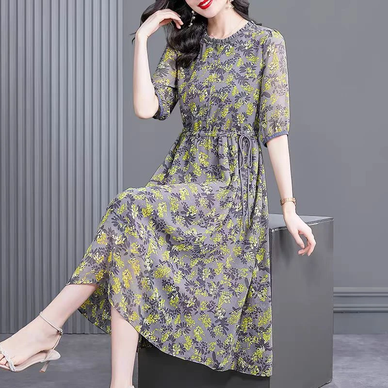 【黄金麦穗】气质时尚碎花连衣裙收腰显瘦五分袖裙子夏季洋气中长款