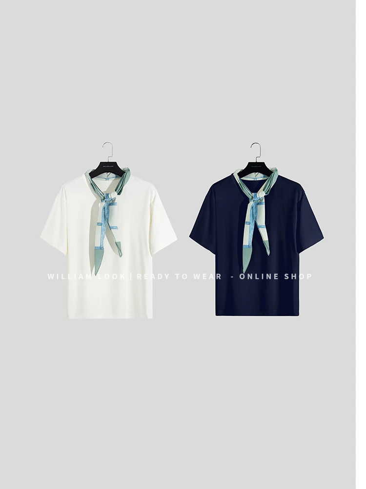 威廉威 男女同款【领巾T】精致手绘图案丝巾多元素穿搭短袖T恤A962