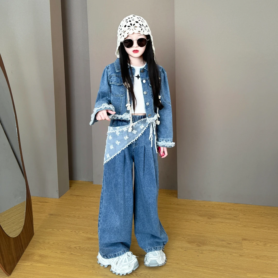 女童2025新款韩版洋气春秋季休闲时尚牛仔蕾丝边马甲直筒裤套装潮