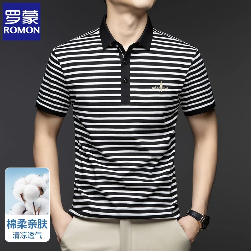 罗蒙短袖t恤男士条纹冰感棉翻领夏季新款半袖体恤中年休闲POLO衫