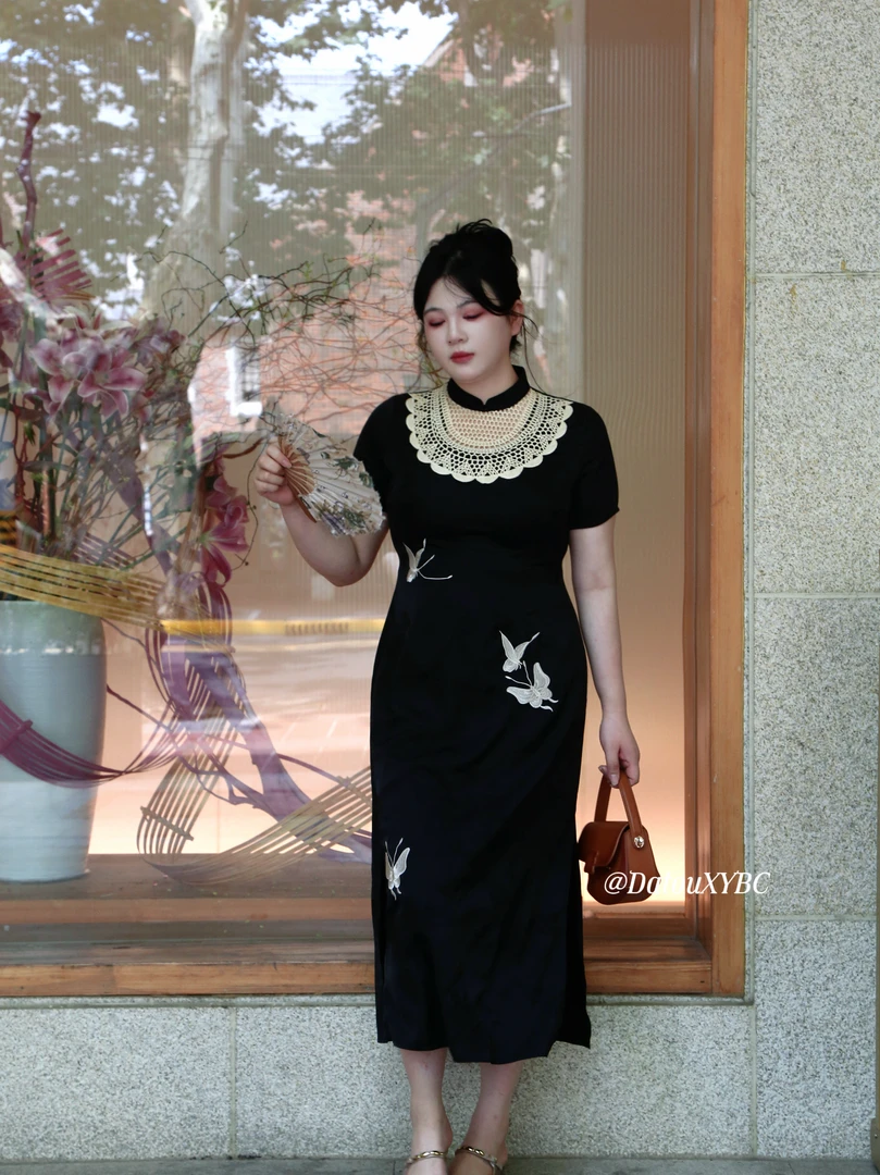 哒头.Studio【墨蝶恋】微胖大码气质少女设计感显瘦改良旗袍连衣裙