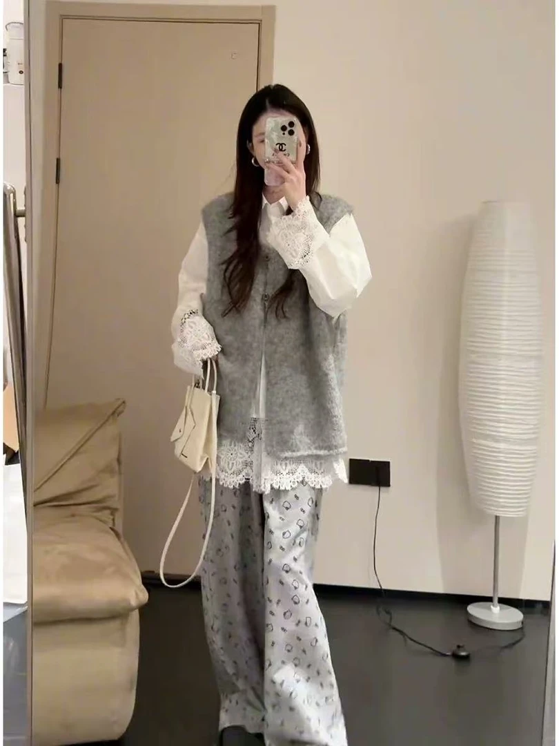 气质春秋减龄时尚套装针织网红休闲风时尚拼接学院风-7727