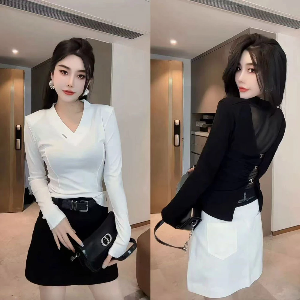 设计感露背性感打底衫女网红同款春季纯欲微透修身显瘦T恤短上衣