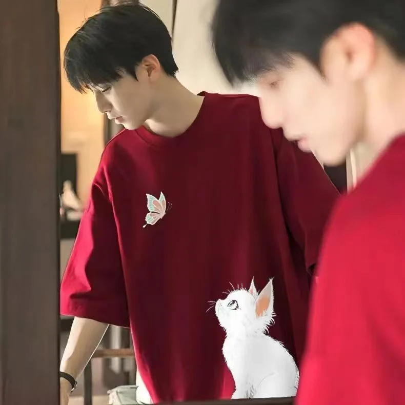 新款短袖t恤男2025潮牌潮流ins纯棉宽松白圆领半袖上衣服体恤夏季