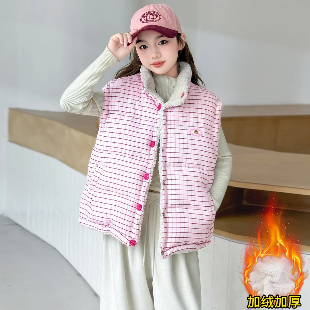 女童2025冬季新款双面穿加绒棉马甲中大童百搭保暖超好看加厚坎肩