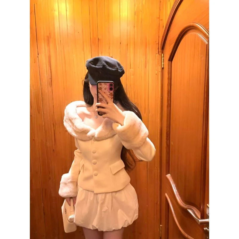 套装女2025秋季新款甜美气质名媛v领毛毛拼接针织开衫高腰半身裙