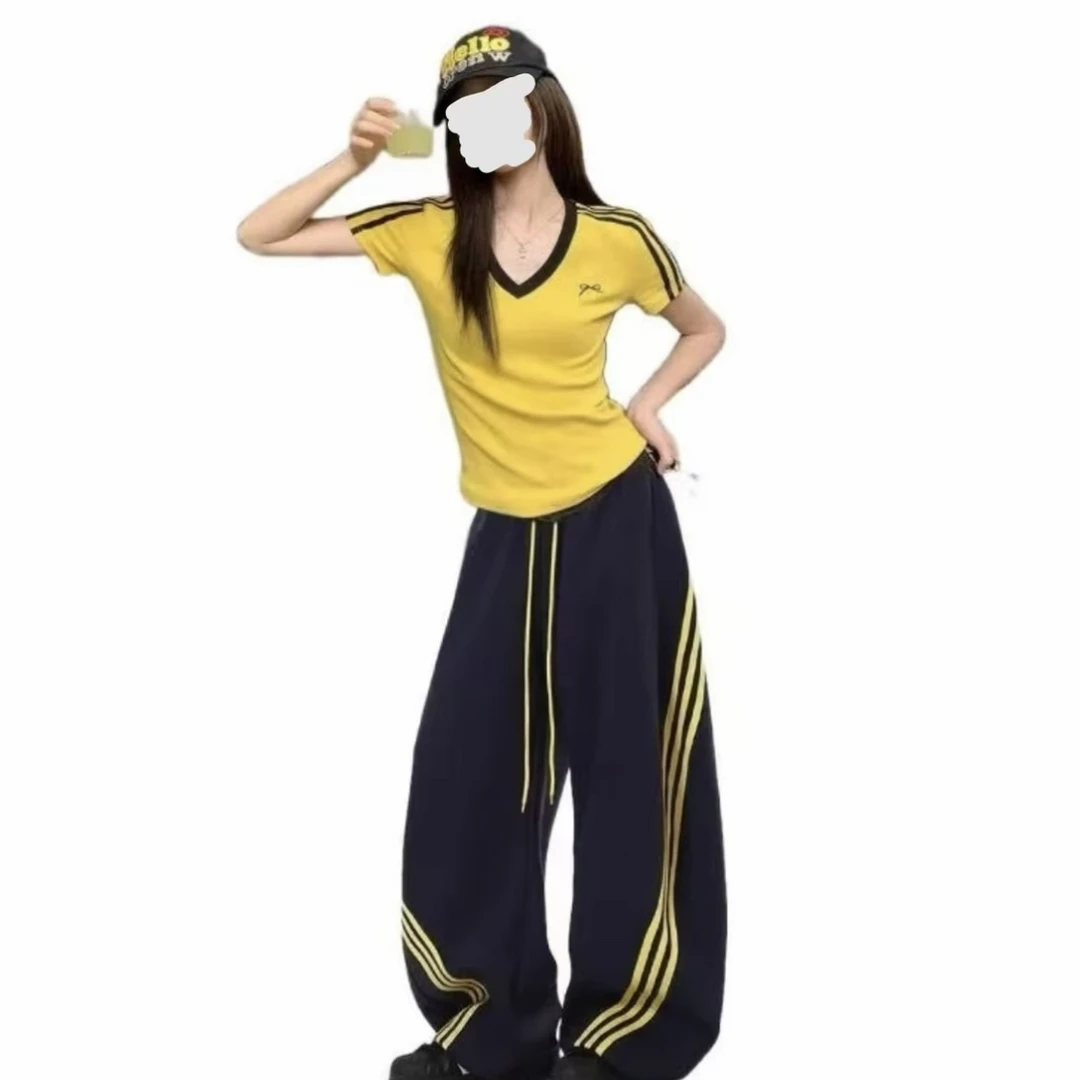 美式复古条纹撞色阔腿卫裤松紧抽绳垂感休闲裤套装