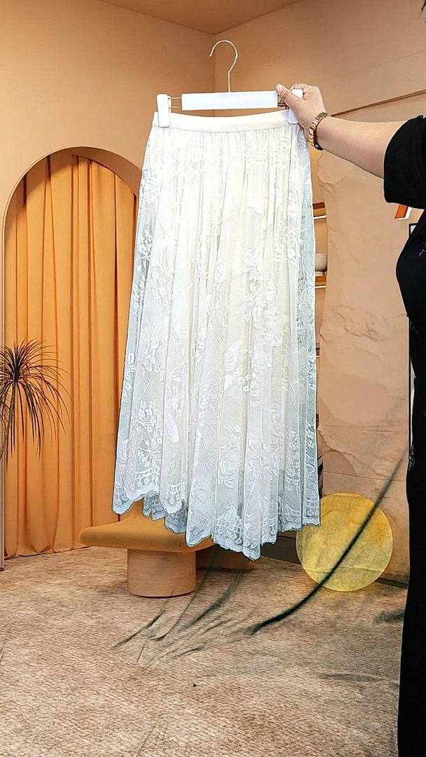 法式蕾丝半身裙高腰中长款气质垂感百褶裙大摆裙