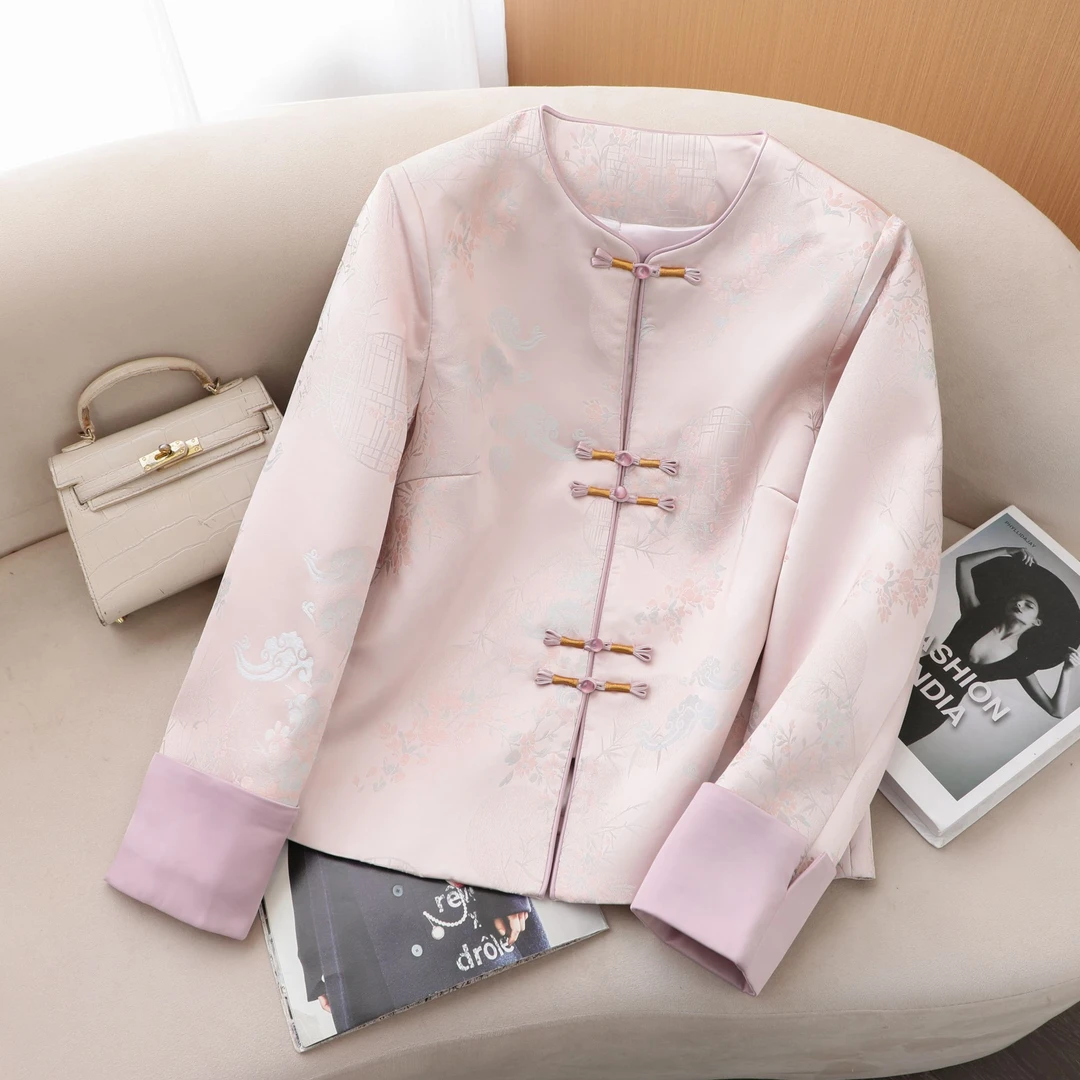 春竹 新中式时尚轻奢气质圆领长袖提花外套女百搭高级感