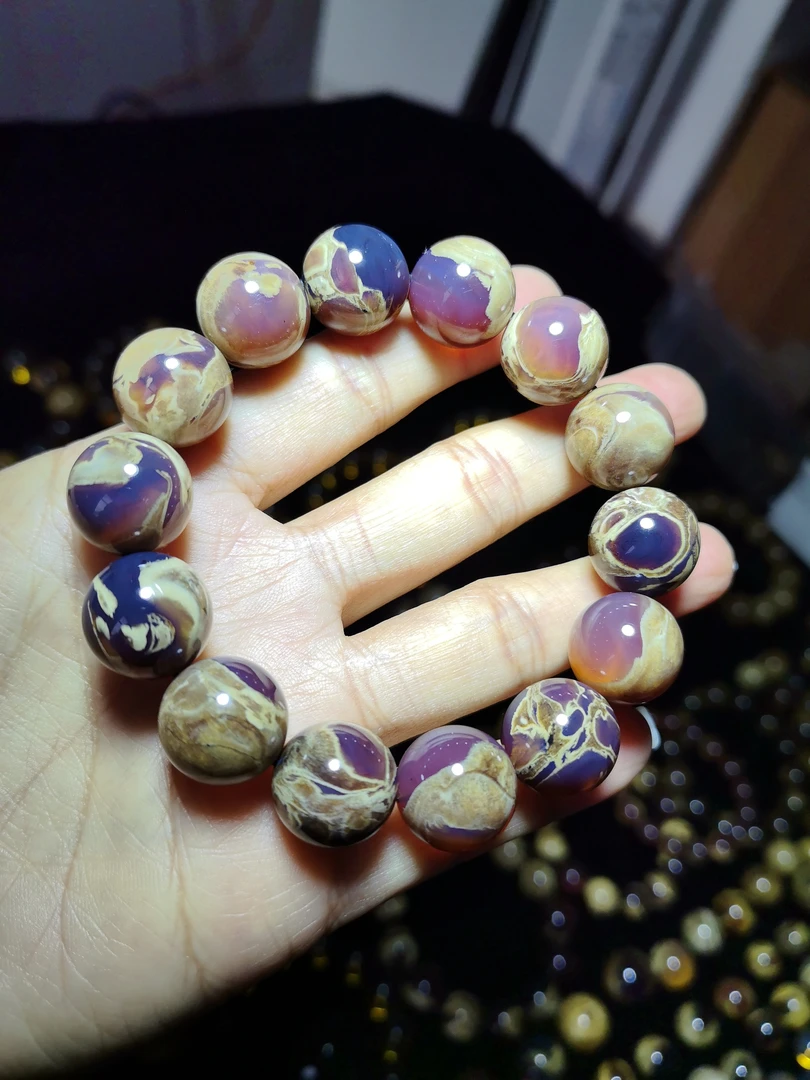 缅甸琥珀特妖的妖花溶洞手串16mm,31.3克