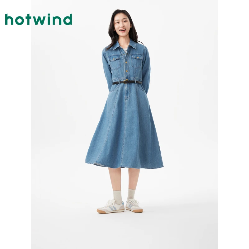 热风2025年春季新款女士翻领牛仔连衣裙F19W25101