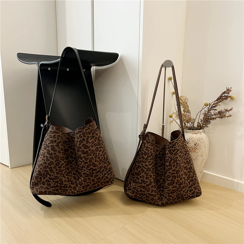 高级秋冬麂皮绒美式复古豹纹包大容量休闲单肩斜挎托特包