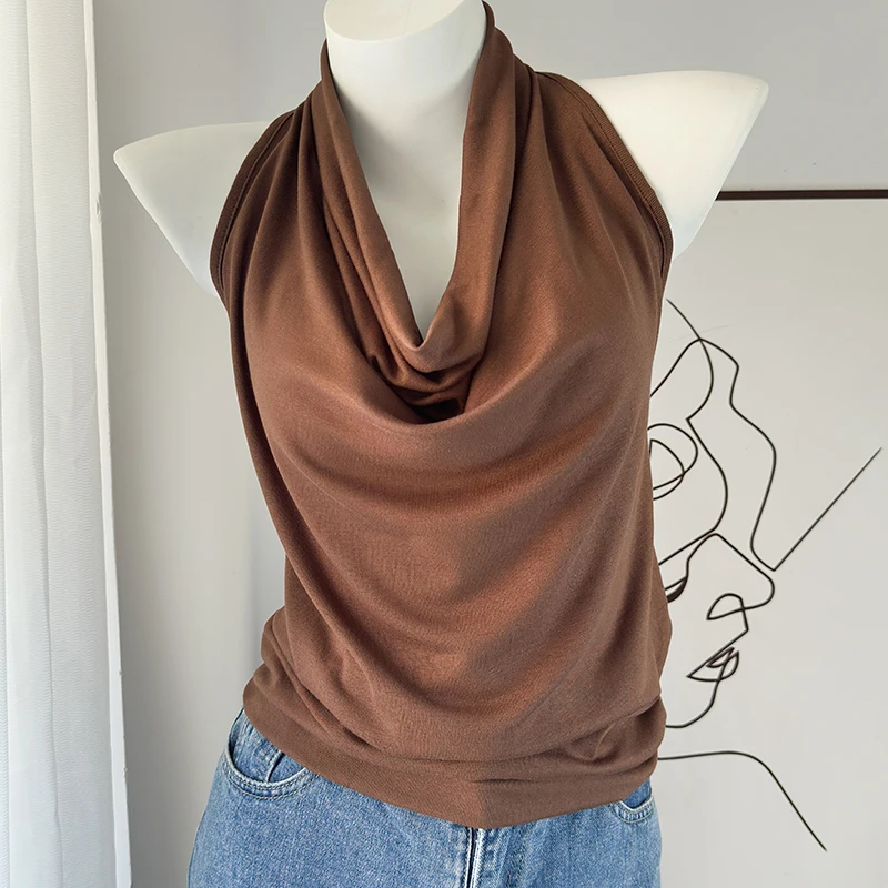 美泊姿挂脖款扭绳露背吊带女防走光夏季外穿辣妹上衣高级感设计款