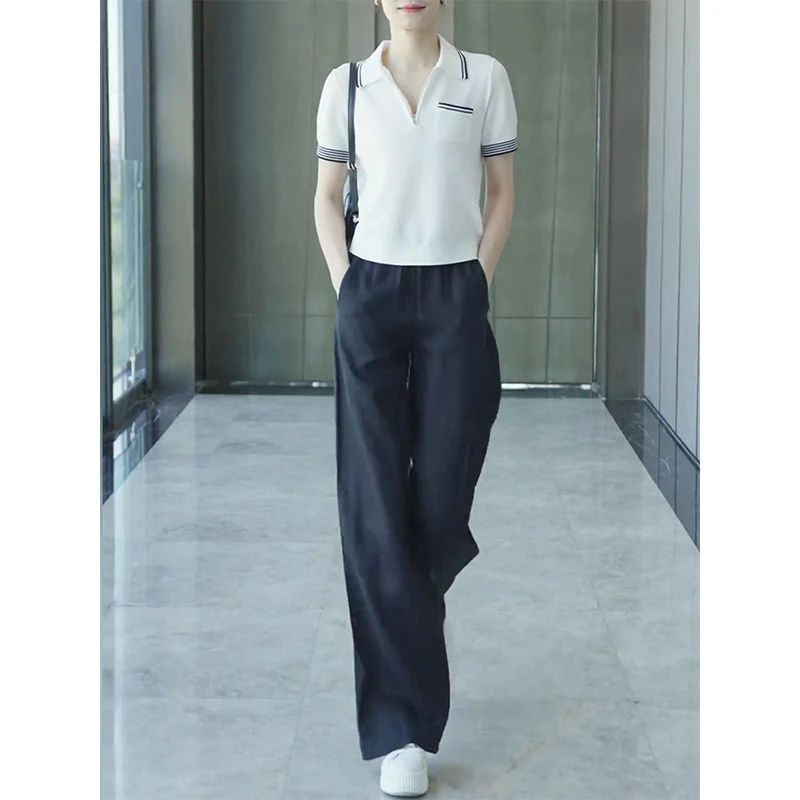 2025夏季新款减龄短袖上衣宽松长裤两件套女简约韩版气质时尚套装