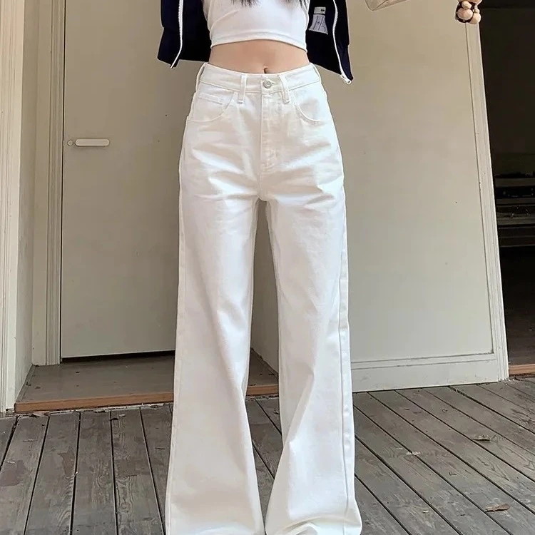 美式直筒阔腿裤女2025年春新品百搭经典白色高腰显瘦拖地牛仔裤子