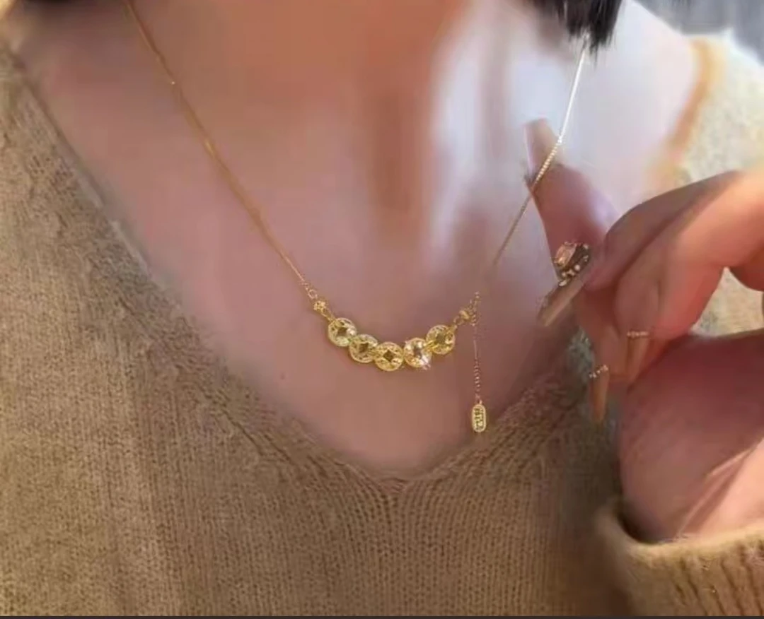 福灿灿 吊坠足银 五帝钱项链碎碎冰有球必应套链气质百搭锁骨链