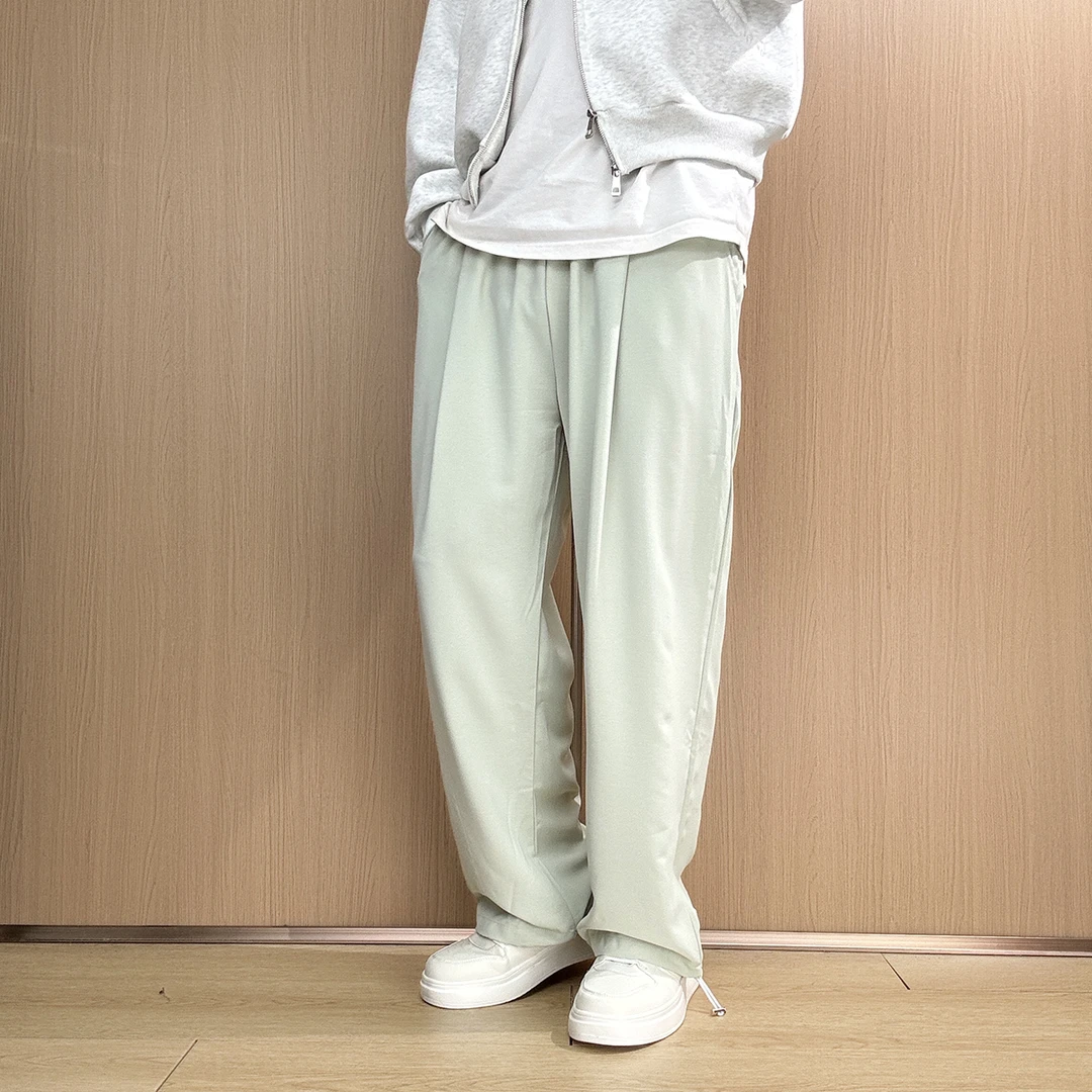 豆绿色薄款春夏冰丝抽绳束脚直筒休闲长裤2025年简约风垂感男裤子