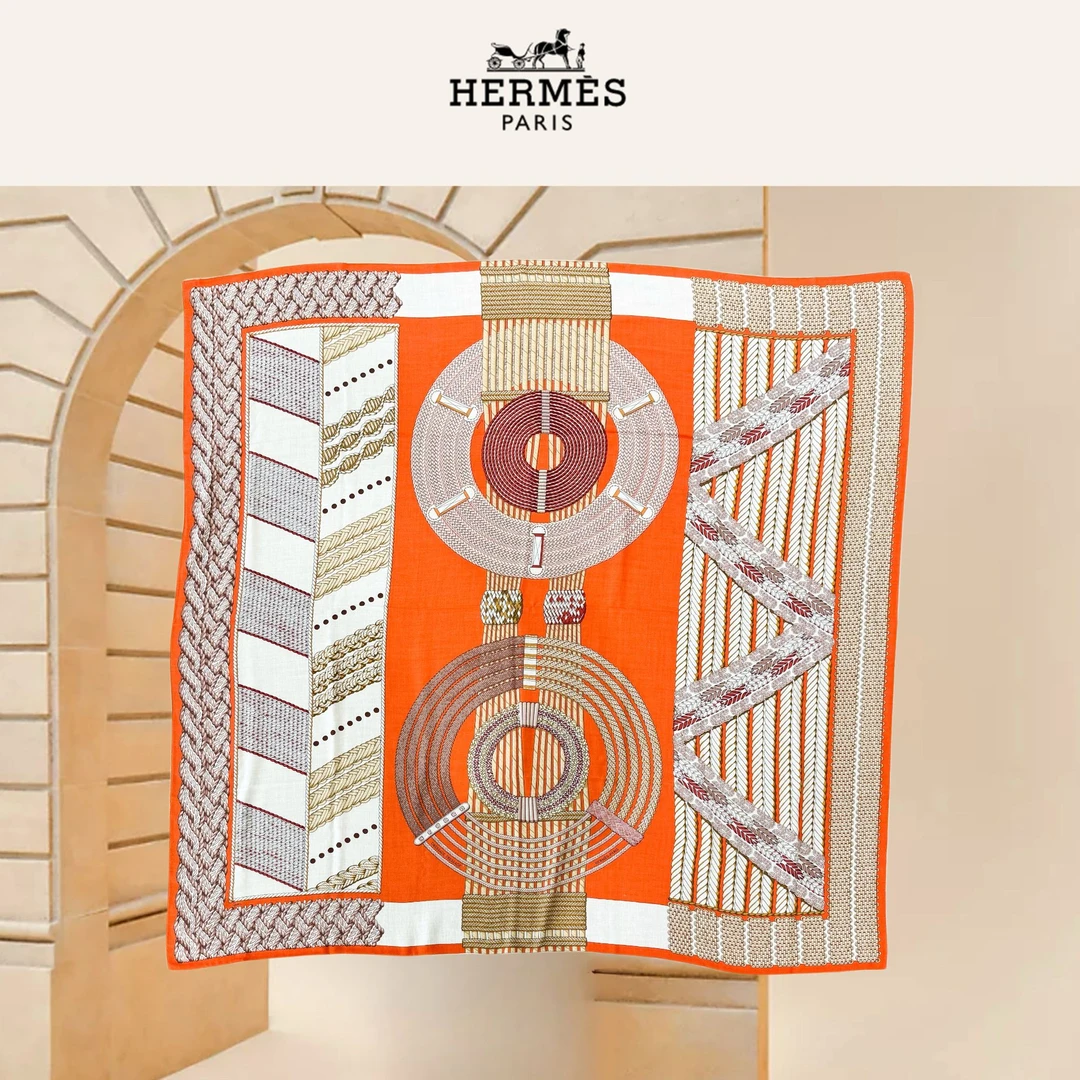 99新 Hermes/爱马仕 “盛装舞步”橙色混色真丝羊绒披肩,140*140cm