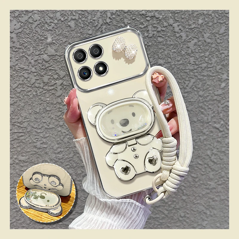 适用【红米k70至尊版】手机壳新款流沙熊镜子支架女蝴蝶结防摔套女