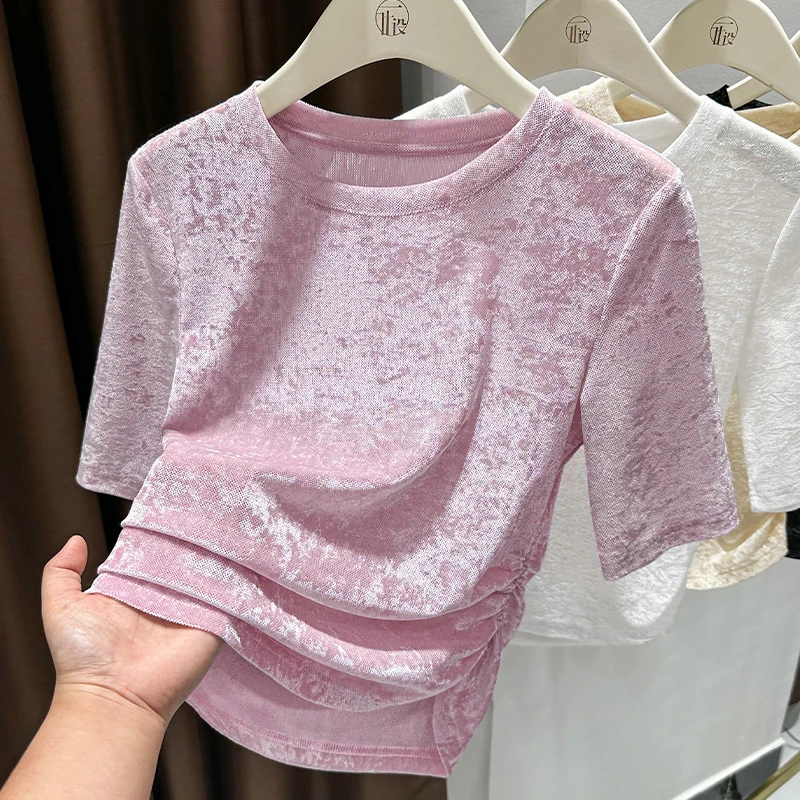 粉色小圆领设计感丝绒半袖上衣秋季微透钻石毛五分袖T恤薄款内搭