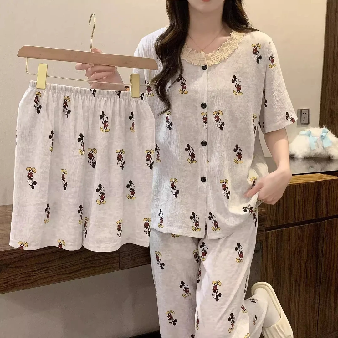 夏季云朵绵睡衣女甜美卡通米奇短袖短裤长裤可外穿家居服三件套装