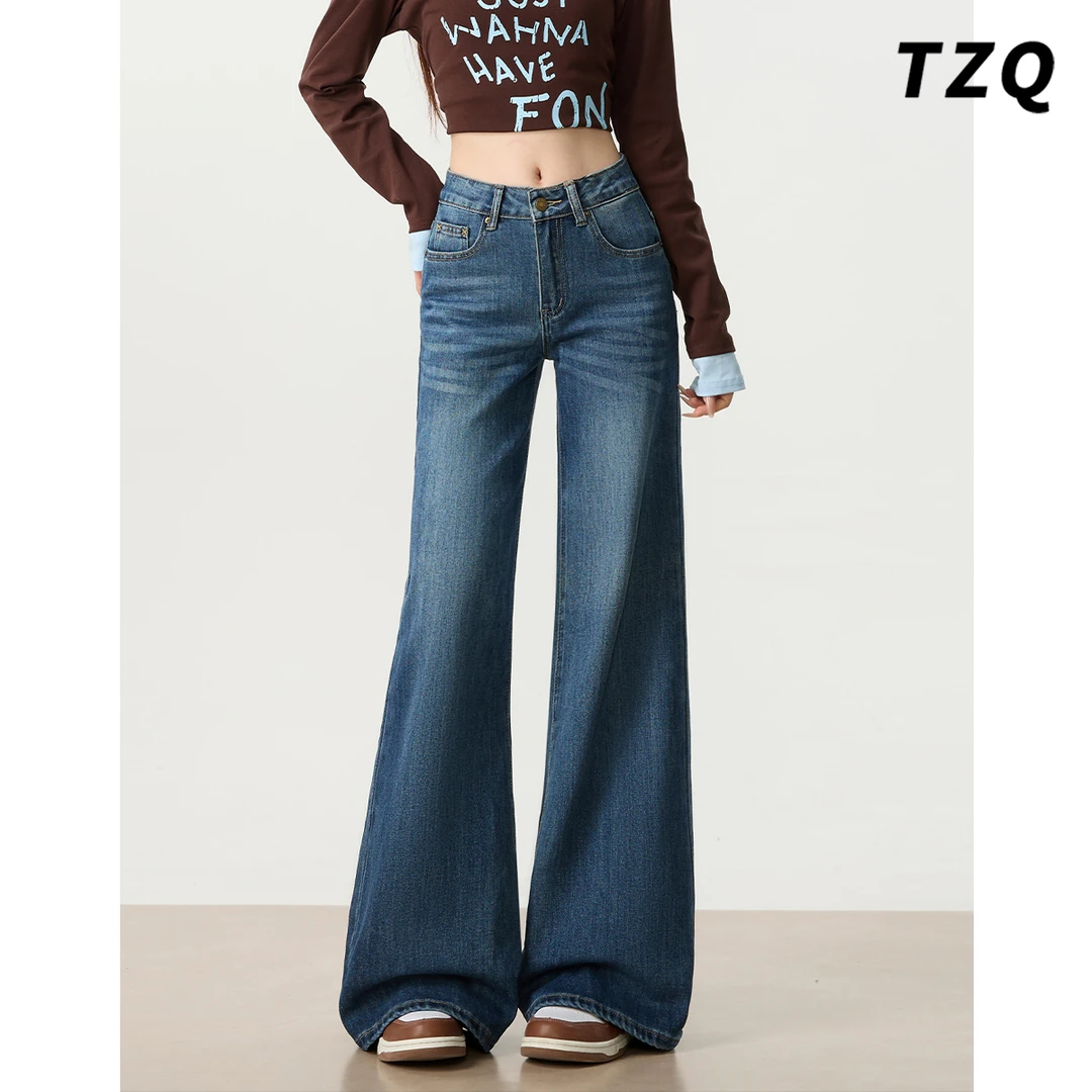 美式复古宽松阔腿牛仔裤女新款2025爆款秋季显瘦垂感拖地微喇裤子