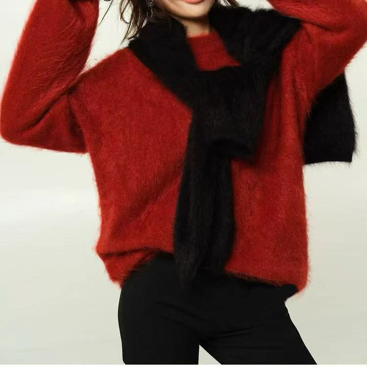 9911九炫家冬季新款拉毛绒工艺圆领宽松纯色百搭毛衣