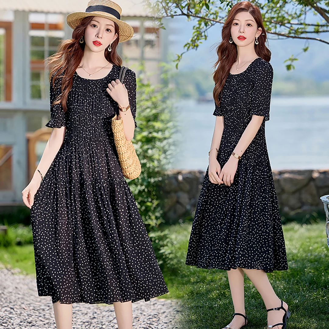 2025年夏季新款优雅气质中长款修身波点花连衣裙时尚显瘦潮流508