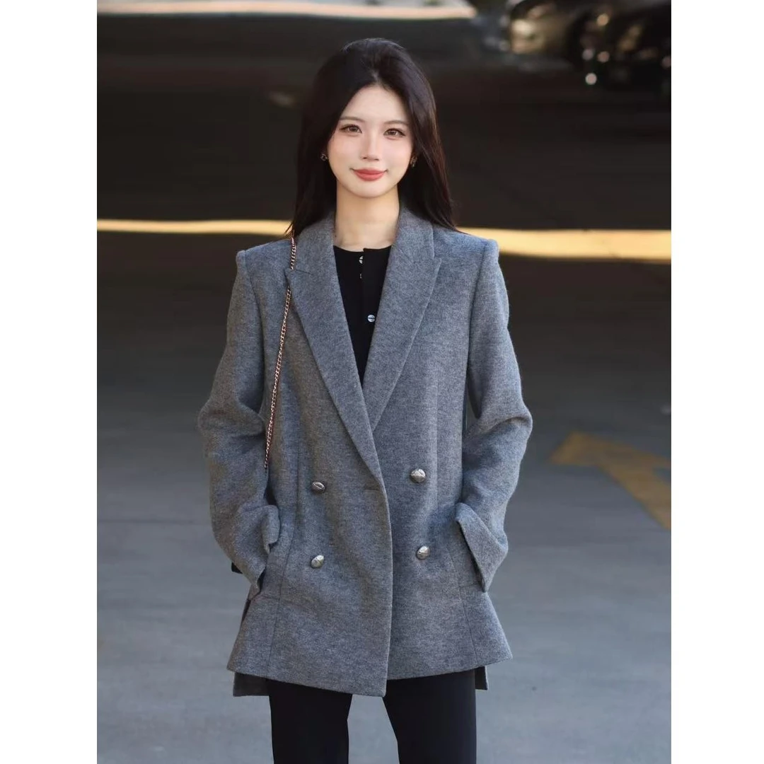 哥弟 秋冬新款灰色绵羊毛休闲显瘦西服简约西装外套女140002