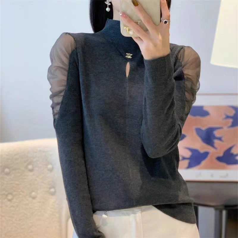 泡泡袖镂空拼接半高领针织上衣女秋冬百搭内搭