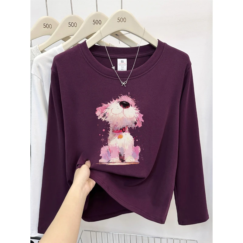洋气小狗印花正肩长袖t恤女秋款大码胖mm显瘦打底衫抓绒穿搭上衣