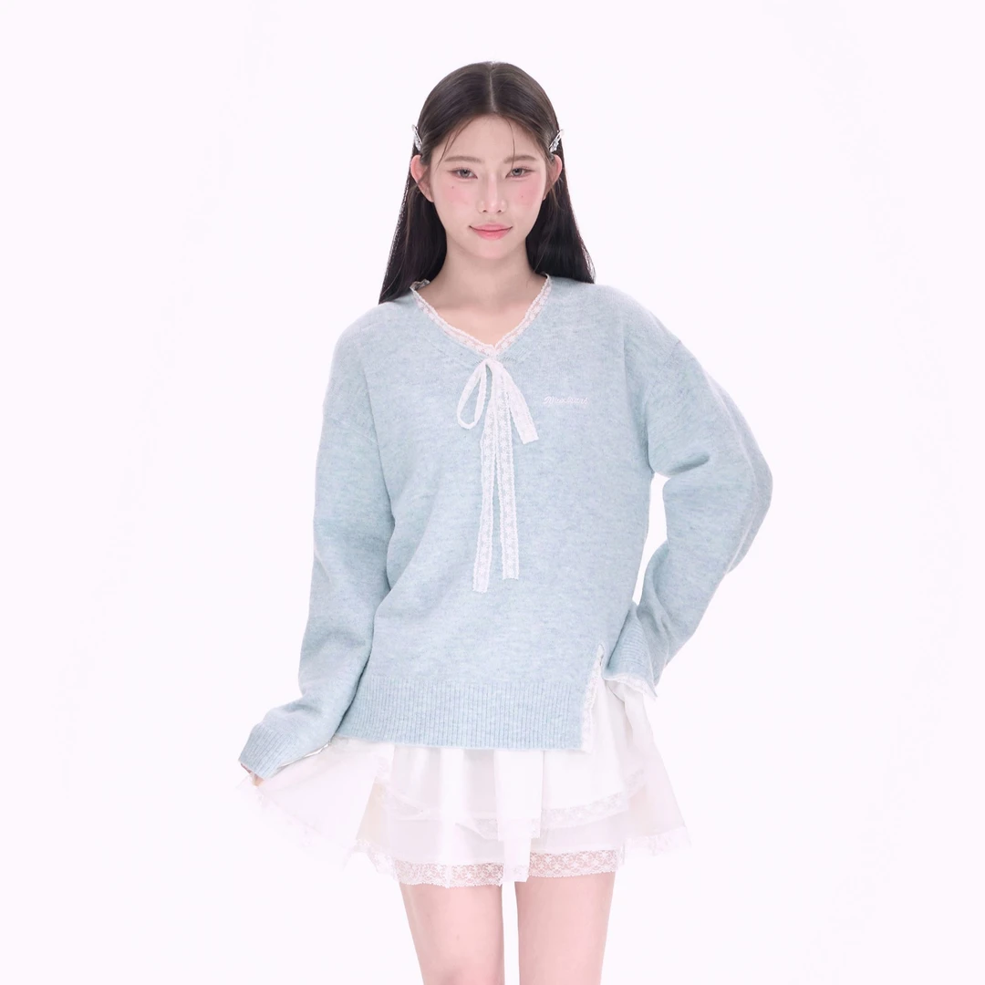 【NCXK】欧若风春季蕾丝系带V领针织衫慵懒百搭显瘦薄款毛衣MY25013