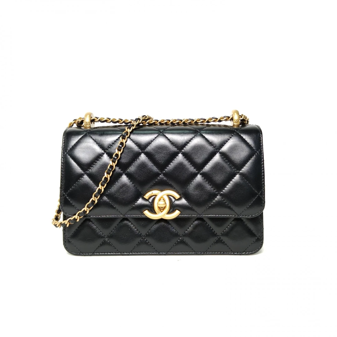 99新 Chanel/香奈儿 【黑黑】 黑色 皮革C 芯片开 25S CF 口盖包