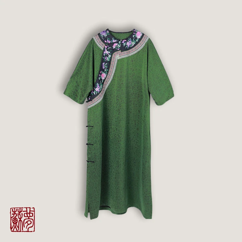 蘇夢【如嫣】香云纱圆领斜襟翠绿百搭实穿大袍连衣裙0101561