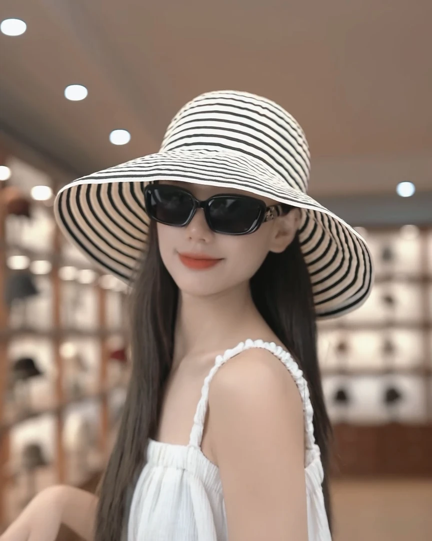 2025新款夏季大檐帽条纹遮阳帽大檐女帽子大帽檐百搭韩版帽子