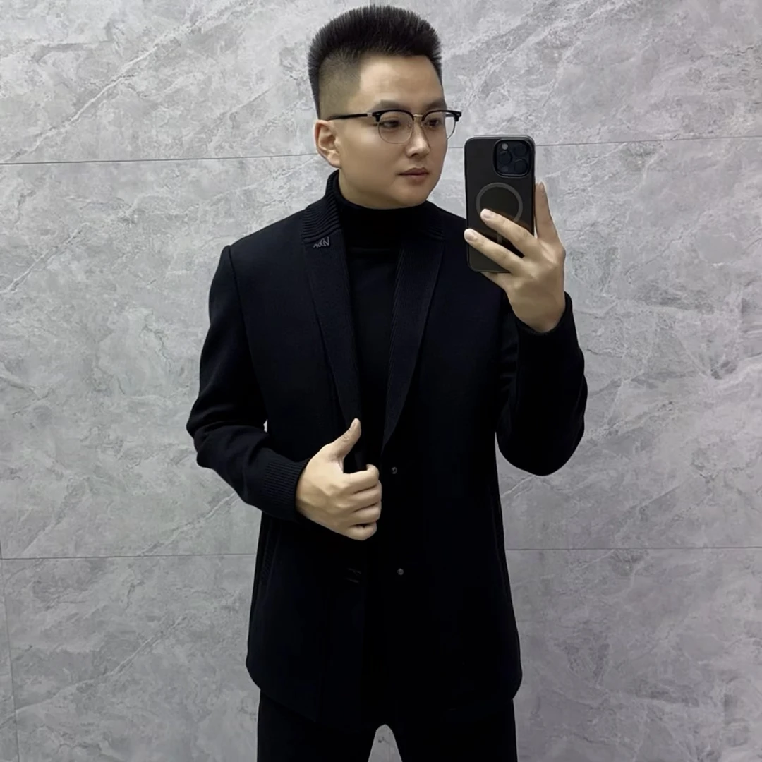 秋季新款男士高品质中长款青果领纯色大衣修身商务休闲