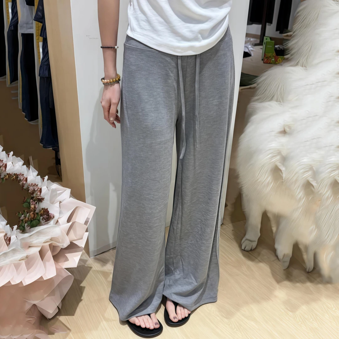 韩系垂感灰色抽绳休闲裤女2025夏季新款慵懒风高腰直筒拖地长裤子