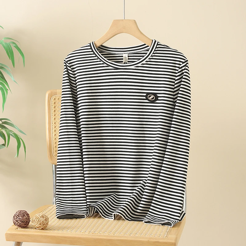 中老年女装长袖条纹打底衫圆领妈妈装厚款德绒棉毛衫秋冬奶奶装