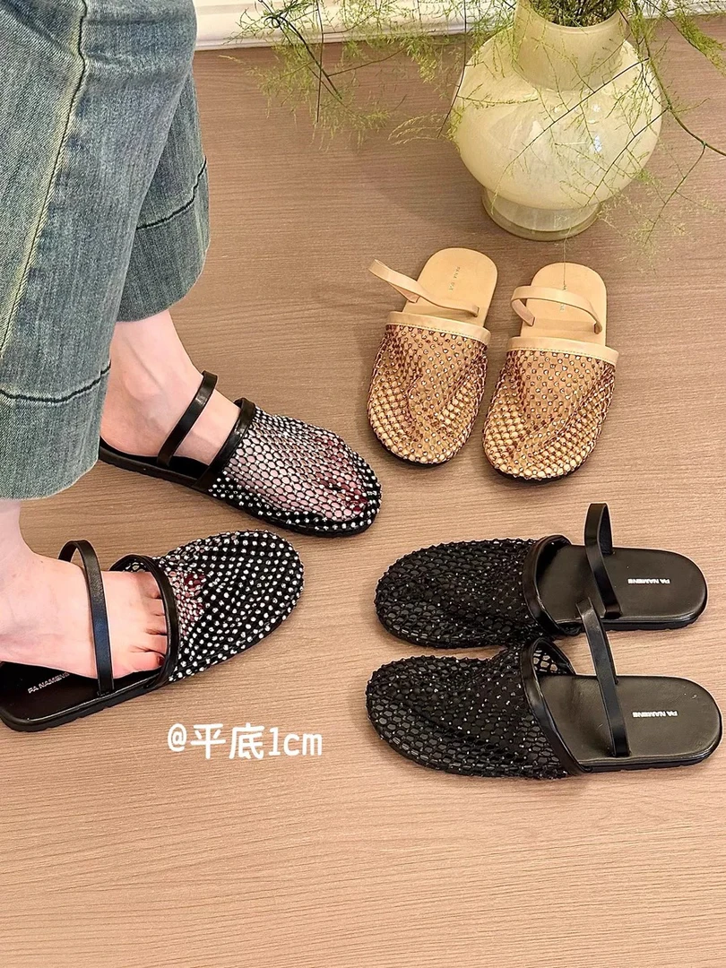 titing神秘面纱！时髦两穿圆头水钻渔网包头半拖鞋女夏镂空凉鞋