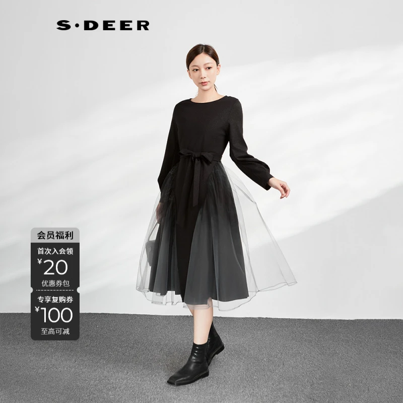 S·DEER圣迪奥黑色时尚通勤百搭设计师宽松收腰显瘦气质女装连衣裙
