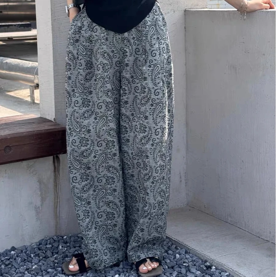 复古腰果花阔腿裤女2025夏新款高腰显瘦宽松百搭时尚高级感直筒裤