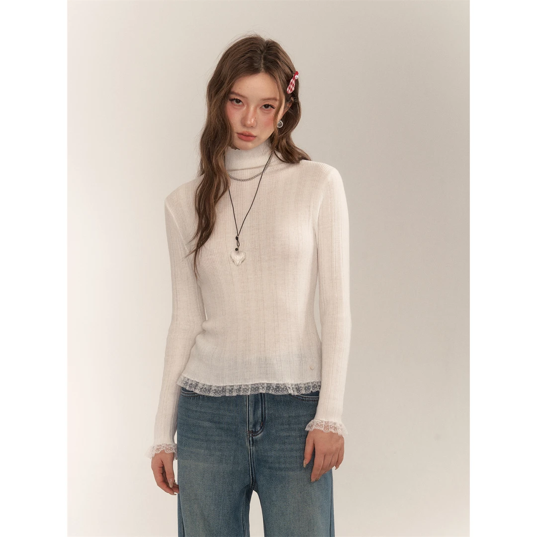 AsGony 竖纹蕾丝花边高领内搭打底女冬休闲百搭修身显瘦针织上衣