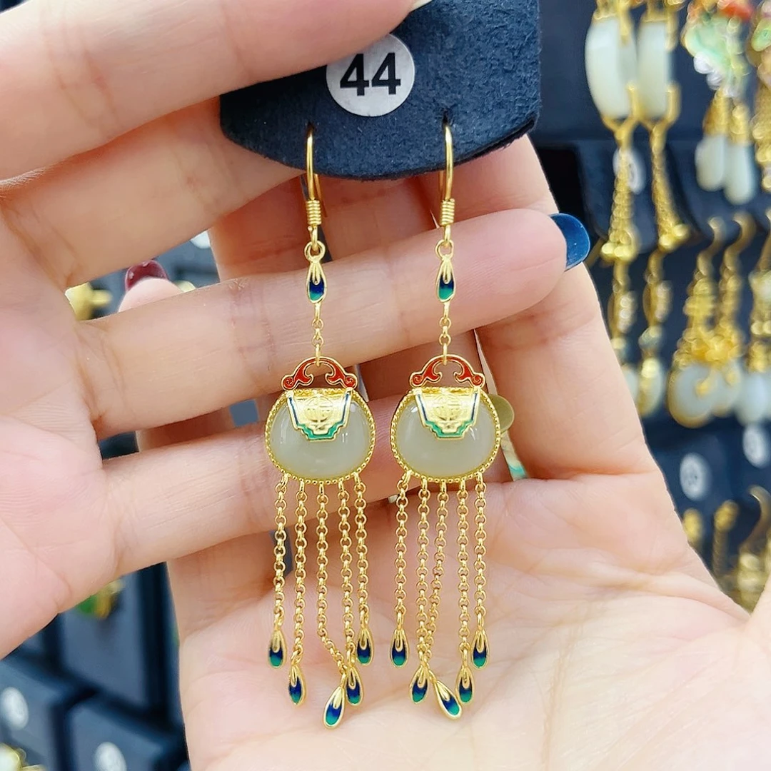 和田玉银S925镀金镶嵌耳饰